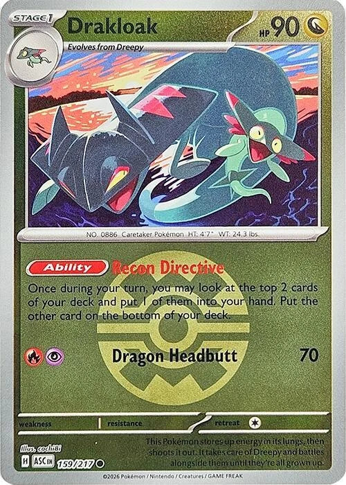 Carta Individual Pokémon Drakloak Quick Ball Pattern 159/217, Stage 1 Pokémon 90 HP, set Ascended Heroes, Ilustración de cochi8i - Thunder Cards México