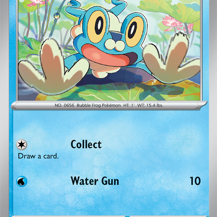 Carta individual Pokémon Froakie 020/086, Common, Basic, 70 HP, set ME4 Chaos Rising. Ilustración de Froakie apoyando sus manos sobre el recuadro sobre hojas de loto por Kariya - Thunder Cards México.