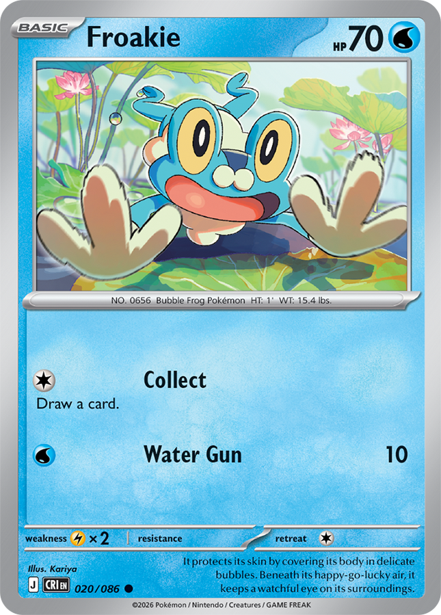 Carta individual Pokémon Froakie 020/086, Common, Basic, 70 HP, set ME4 Chaos Rising. Ilustración de Froakie apoyando sus manos sobre el recuadro sobre hojas de loto por Kariya - Thunder Cards México.