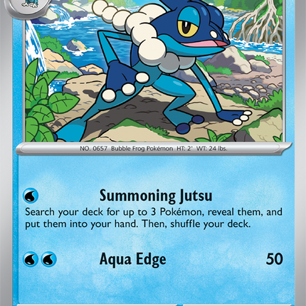 Carta individual Pokémon Frogadier 021/086, Common, Stage 1, 100 HP, set ME4 Chaos Rising. Ilustración de Frogadier agachado en la orilla de un río por Nelnal - Thunder Cards México.