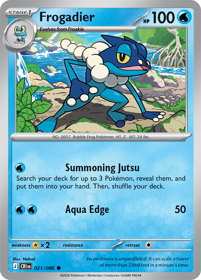 Carta individual Pokémon Frogadier 021/086, Common, Stage 1, 100 HP, set ME4 Chaos Rising. Ilustración de Frogadier agachado en la orilla de un río por Nelnal - Thunder Cards México.