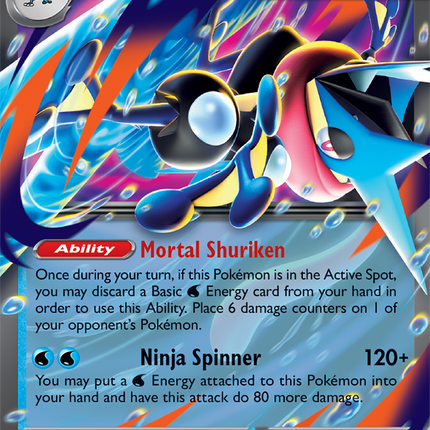 Carta individual Pokémon Mega Greninja EX 022/086, Double Rare, Stage 2, MEGA Evolution, 350 HP, set ME4 Chaos Rising. Ilustración dinámica de Mega Greninja EX lanzando un shuriken de agua por takuyoa - Thunder Cards México.