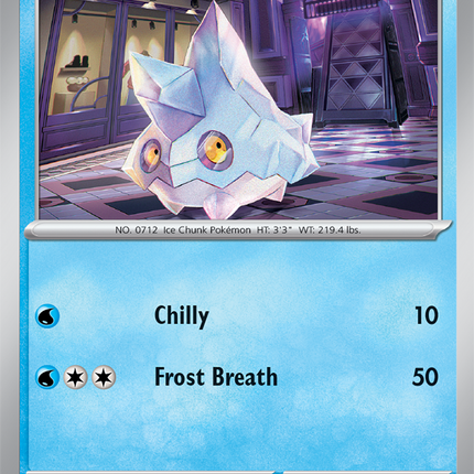 Carta individual Pokémon Bergmite 023/086, rareza común, 80 HP, set Chaos Rising (CRI). Ilustración de Bergmite en un pasillo elegante por Anesaki Dynamic - Thunder Cards México.