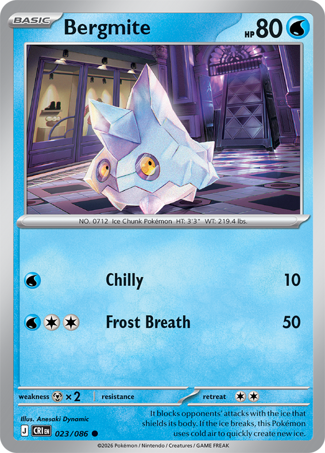 Carta individual Pokémon Bergmite 023/086, rareza común, 80 HP, set Chaos Rising (CRI). Ilustración de Bergmite en un pasillo elegante por Anesaki Dynamic - Thunder Cards México.