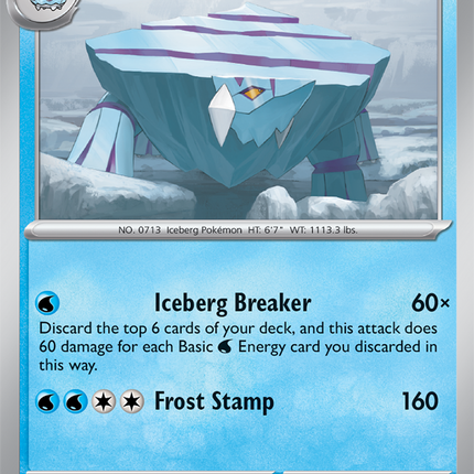 Carta individual Pokémon Avalugg 024/086, rareza infrecuente, Stage 1, 160 HP, set Chaos Rising (CRI). Ilustración de Avalugg en un paisaje de bloques de hielo por Tomoki Sone - Thunder Cards México