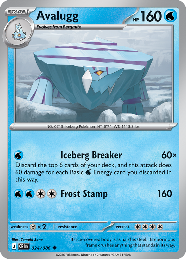 Carta individual Pokémon Avalugg 024/086, rareza infrecuente, Stage 1, 160 HP, set Chaos Rising (CRI). Ilustración de Avalugg en un paisaje de bloques de hielo por Tomoki Sone - Thunder Cards México