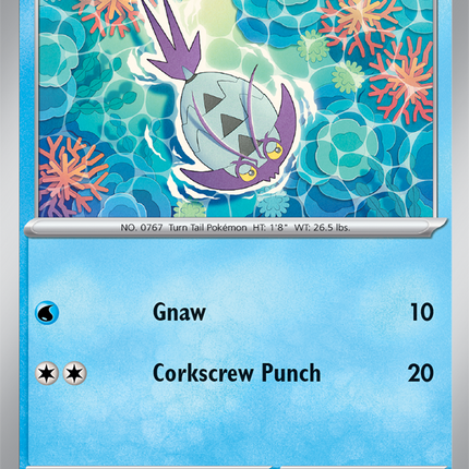 Carta individual Pokémon Wimpod 025/086, rareza común, Basic Pokémon, 70 HP, set Chaos Rising (CRI). Ilustración con estilo artístico plano de Wimpod nadando en aguas poco profundas sobre corales por 0313 - Thunder Cards México.