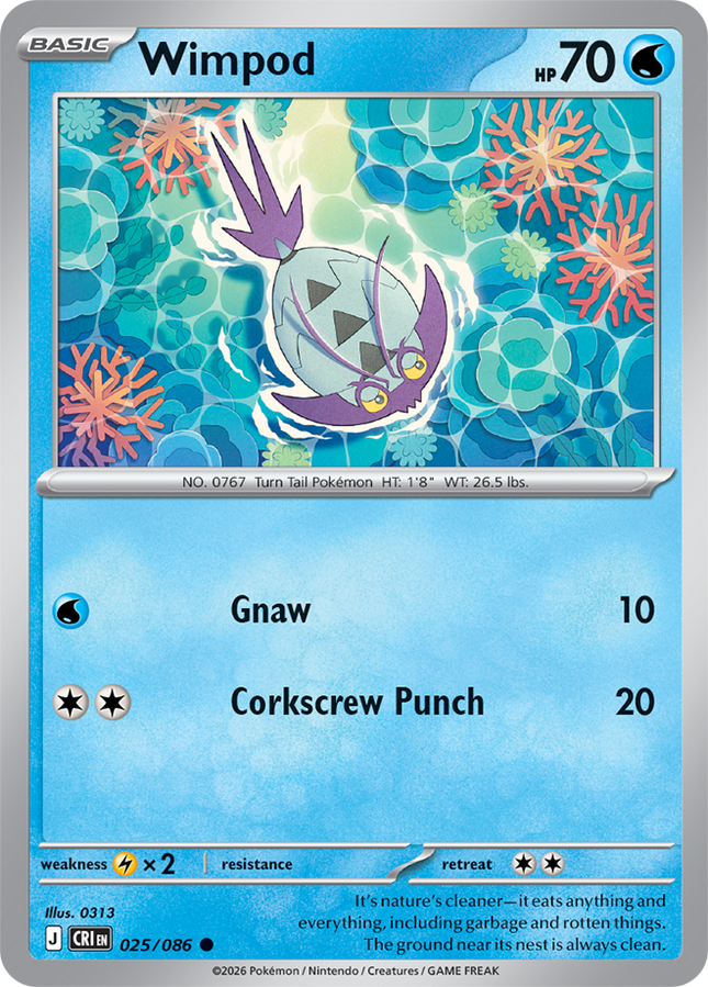 Carta individual Pokémon Wimpod 025/086, rareza común, Basic Pokémon, 70 HP, set Chaos Rising (CRI). Ilustración con estilo artístico plano de Wimpod nadando en aguas poco profundas sobre corales por 0313 - Thunder Cards México.