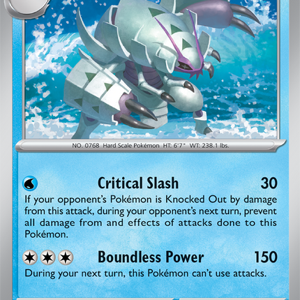 Carta individual Pokémon Golisopod 026/086, rareza infrecuente, Stage 1, 140 HP, set Chaos Rising (CRI). Ilustración dinámica de Golisopod emergiendo con fuerza de una ola en el mar por Takeshi Nakamura - Thunder Cards México.