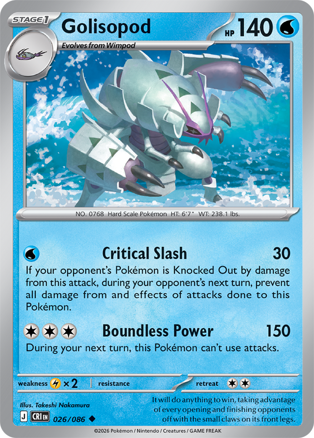 Carta individual Pokémon Golisopod 026/086, rareza infrecuente, Stage 1, 140 HP, set Chaos Rising (CRI). Ilustración dinámica de Golisopod emergiendo con fuerza de una ola en el mar por Takeshi Nakamura - Thunder Cards México.