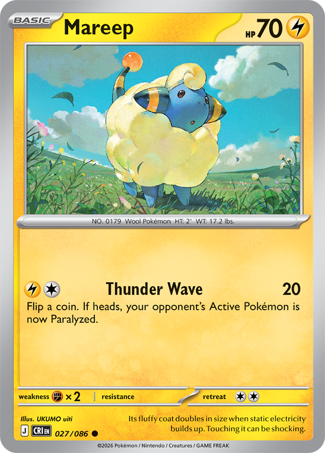 Carta individual Pokémon Mareep 027/086, rareza común, Basic Pokémon, 70 HP, set Chaos Rising (CRI). Ilustración con estilo artístico suave de Mareep parado en un campo verde floreado bajo un cielo nublado por UKUMO uiti - Thunder Cards México.