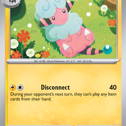 Carta individual Pokémon Flaaffy 028/086, rareza común, Stage 1, 90 HP, set Chaos Rising (CRI). Ilustración colorida de Flaaffy recostado felizmente en un jardín con flores por miki kudo - Thunder Cards México.