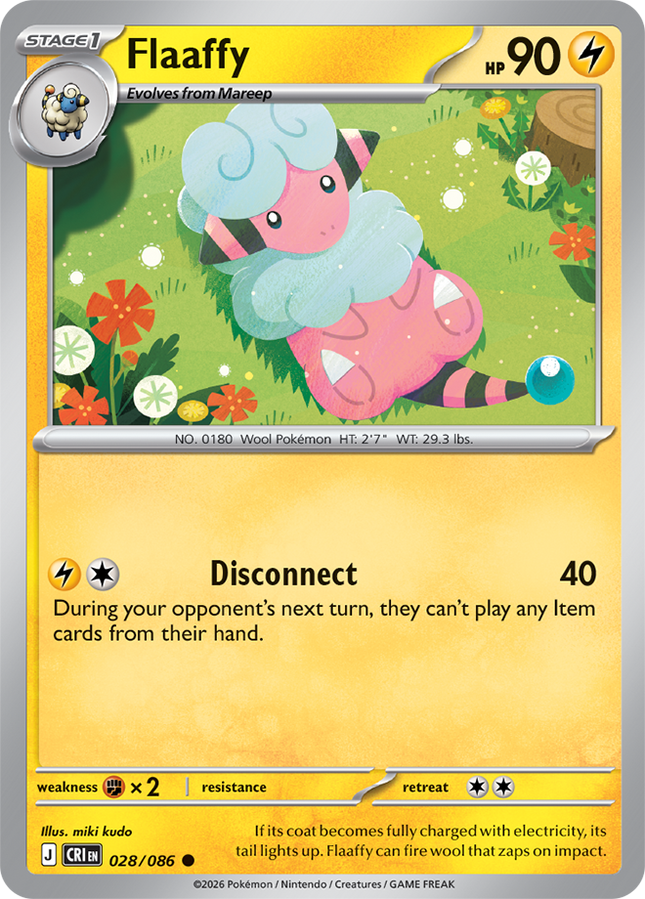 Carta individual Pokémon Flaaffy 028/086, rareza común, Stage 1, 90 HP, set Chaos Rising (CRI). Ilustración colorida de Flaaffy recostado felizmente en un jardín con flores por miki kudo - Thunder Cards México.