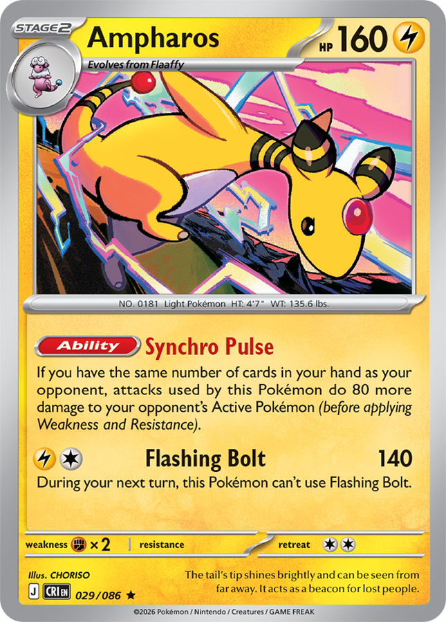 Carta individual Pokémon Ampharos 029/086, rareza rara, Stage 2, 160 HP, set Chaos Rising (CRI). Ilustración de estilo cómic y dinámico de Ampharos liberando destellos eléctricos por CHORISO - Thunder Cards México.