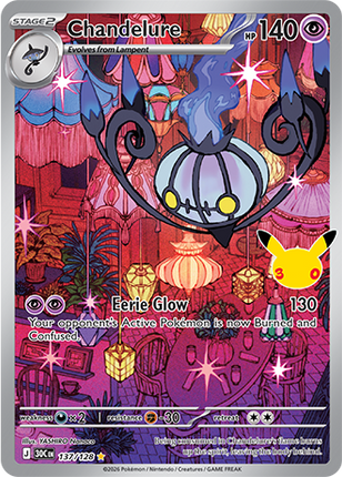 Carta individual Pokémon Chandelure 137/128, set 30th C, en Thunder Cards México
