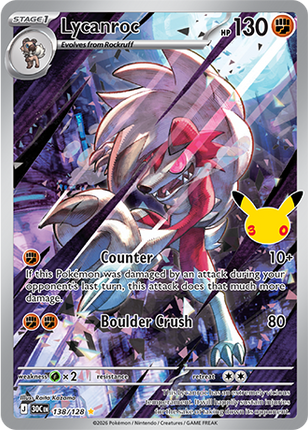 Carta individual Pokémon Lycanroc 138/128, set 30th C, en Thunder Cards México