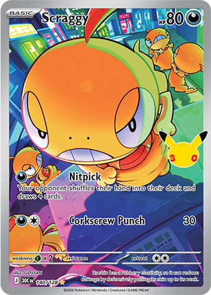 Carta individual Pokémon Scraggy 140/128, set 30th C, en Thunder Cards México