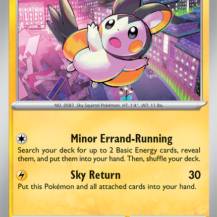 Carta individual Pokémon Emolga 030/086, rareza común, Basic Pokémon, 70 HP, set Chaos Rising (CRI). Ilustración colorida de Emolga planeando sobre una ciudad iluminada de noche por Kazumasa Yasukuni - Thunder Cards México.