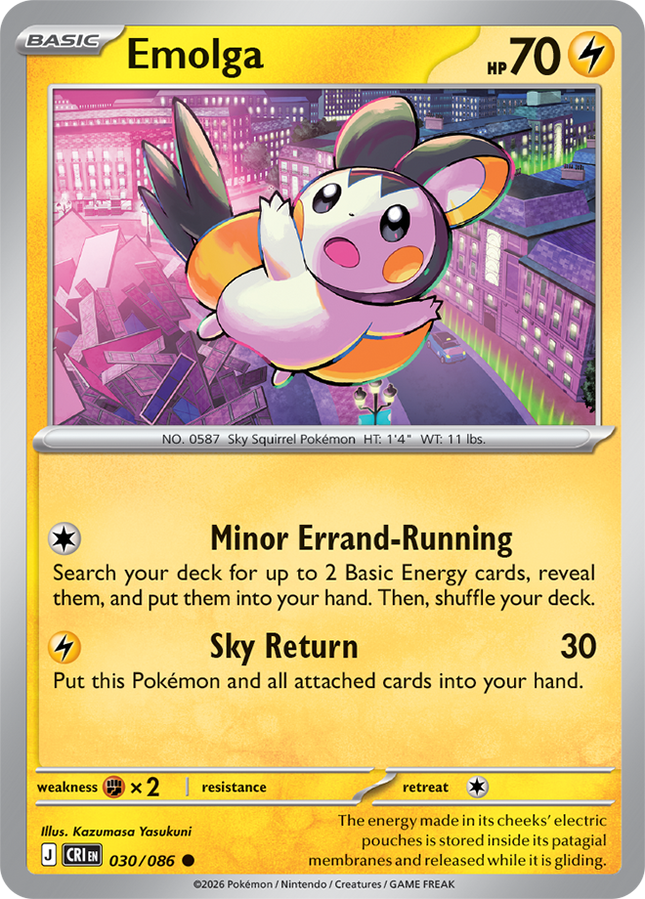 Carta individual Pokémon Emolga 030/086, rareza común, Basic Pokémon, 70 HP, set Chaos Rising (CRI). Ilustración colorida de Emolga planeando sobre una ciudad iluminada de noche por Kazumasa Yasukuni - Thunder Cards México.