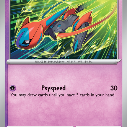 Carta individual Pokémon Deoxys 034/086, rareza infrecuente, Basic Pokémon, 100 HP, set Chaos Rising (CRI). Ilustración dinámica de Deoxys en Forma Velocidad cruzando una zona cibernética con destellos verdes por hncl - Thunder Cards México.