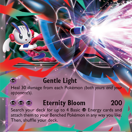 Carta individual Pokémon Mega Floette EX 035/086, rareza Double Rare, MEGA Evolution, 250 HP, set Chaos Rising (CRI). Ilustración full art de Mega Floette EX canalizando un poderoso rayo de energía rosa y blanca por aky CG Works - Thunder Cards México.