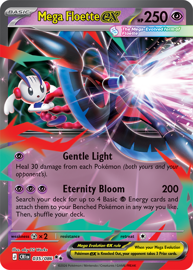Carta individual Pokémon Mega Floette EX 035/086, rareza Double Rare, MEGA Evolution, 250 HP, set Chaos Rising (CRI). Ilustración full art de Mega Floette EX canalizando un poderoso rayo de energía rosa y blanca por aky CG Works - Thunder Cards México.