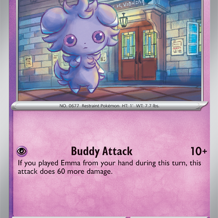 Carta individual Pokémon Espurr 036/086, rareza común, Basic Pokémon, 60 HP, set Chaos Rising (CRI). Ilustración con estilo artístico texturizado de Espurr parado frente a una casa de noche por sowsow - Thunder Cards México.