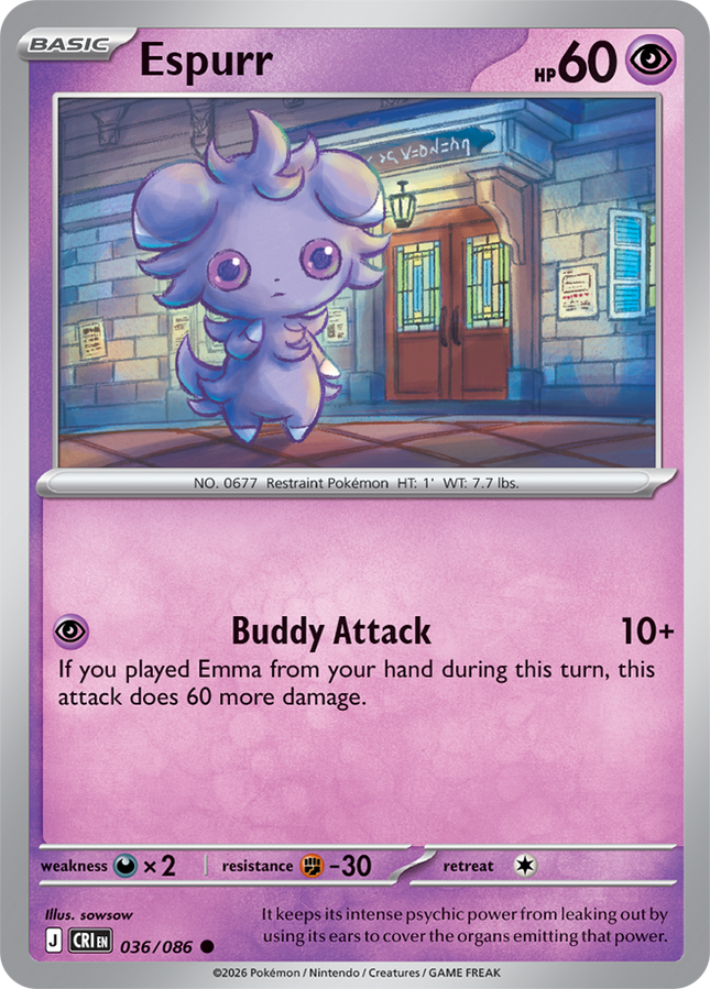 Carta individual Pokémon Espurr 036/086, rareza común, Basic Pokémon, 60 HP, set Chaos Rising (CRI). Ilustración con estilo artístico texturizado de Espurr parado frente a una casa de noche por sowsow - Thunder Cards México.