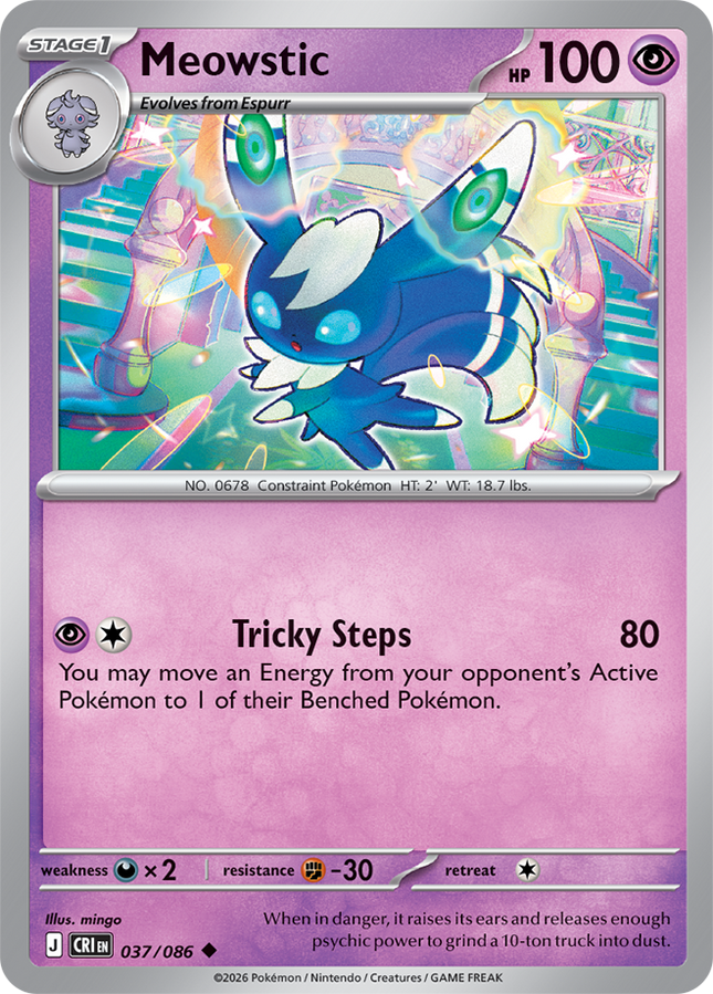 Carta individual Pokémon Meowstic 037/086, rareza infrecuente, Stage 1 Pokémon, 100 HP, set Chaos Rising (CRI). Ilustración de Meowstic macho liberando energía psíquica por las orejas dentro de un palacio por mingo - Thunder Cards México.