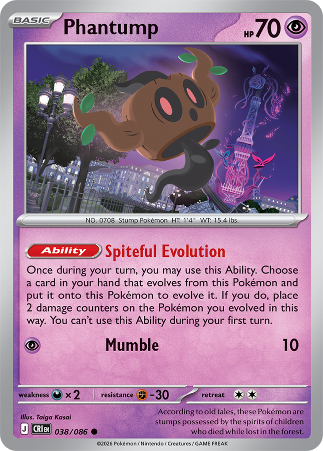 Carta Individual Pokémon Phantump 038/086, Basic Pokémon 70 HP, set Chaos Rising, Illustracion de Taiga Kosai - Thunder Cards México