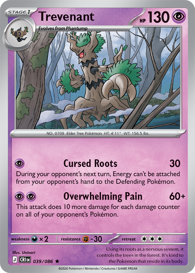 Carta Individual Pokémon Trevenant 039/086, Stage 1 Pokémon 130 HP, set Chaos Rising, Illustracion de Uninori - Thunder Cards México