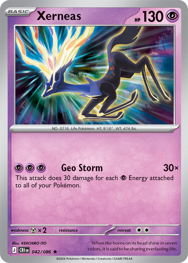 Carta Individual Pokémon Xerneas 042/086, Basic Pokémon 130 HP, set Chaos Rising, Ilustración de KEIICHIRO ITO - Thunder Cards México