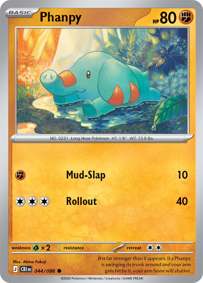 Carta Individual Pokémon Phanpy 044/086, Basic Pokémon 80 HP, set Chaos Rising, Ilustración de Akino Fukiji - Thunder Cards México