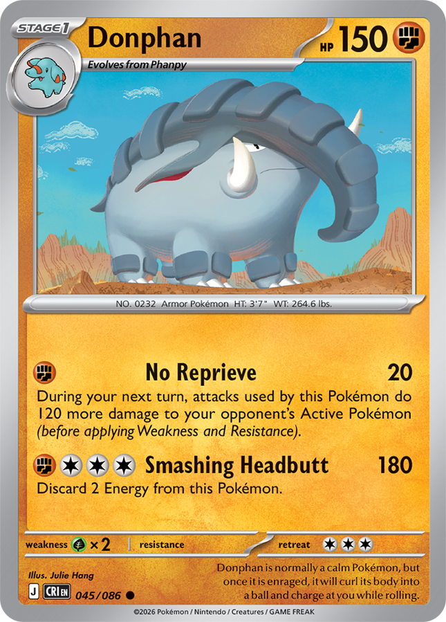 Carta Individual Pokémon Donphan 045/086, Stage 1 Pokémon 150 HP, set Chaos Rising, Ilustración de Julie Hang - Thunder Cards México