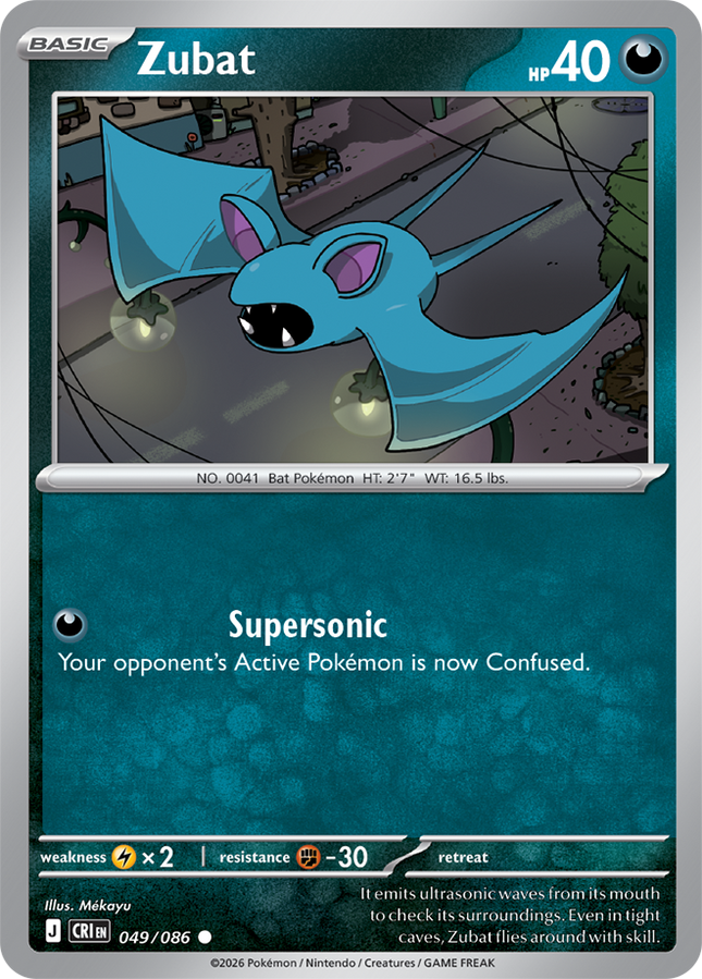 Carta Individual Pokémon Zubat 049/086, BASIC Pokémon 40 HP, set Chaos Rising, Ilustración de Mékayu - Thunder Cards México