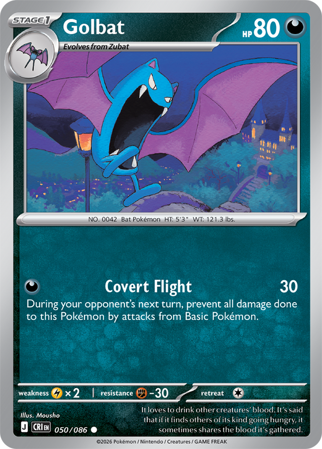 Carta Individual Pokémon Golbat 050/086, Stage 1 Pokémon 80 HP, set Chaos Rising, Ilustración de Mousho - Thunder Cards México