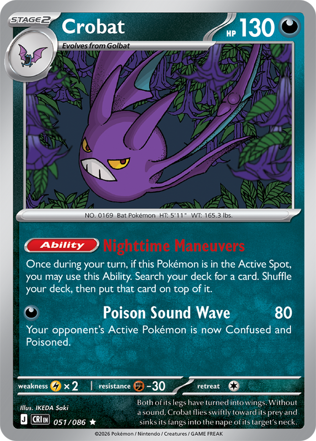 Carta Individual Pokémon Crobat 051/086, Stage 2 Pokémon 130 HP, set Chaos Rising, Ilustración de IKEDA saki - Thunder Cards México