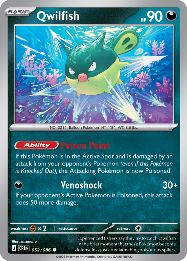 Carta Individual Pokémon Qwilfish 052/086, BASIC Pokémon 90 HP, set Chaos Rising, Ilustración de nisimono - Thunder Cards México