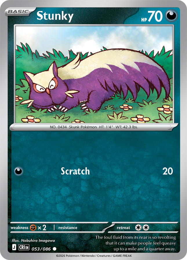 Carta Individual Pokémon Stunky 053/086, BASIC Pokémon 70 HP, set Chaos Rising, Ilustración de Nobuhiro Imagawa - Thunder Cards México