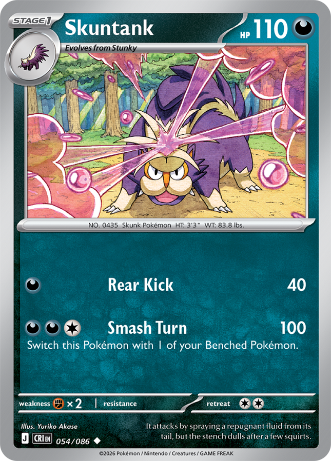 Carta Individual Pokémon Skuntank 054/086, Stage 1 Pokémon 110HP, set Chaos Rising, Ilustración de Yuriko Akase - Thunder Cards México