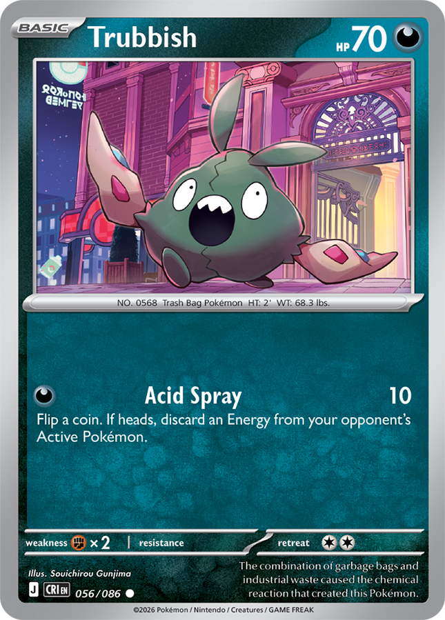 Carta Individual Pokémon Trubbish 056/086, BASIC Pokémon 70 HP, set Chaos Rising, Ilustración de Souchirou Gunjima - Thunder Cards México