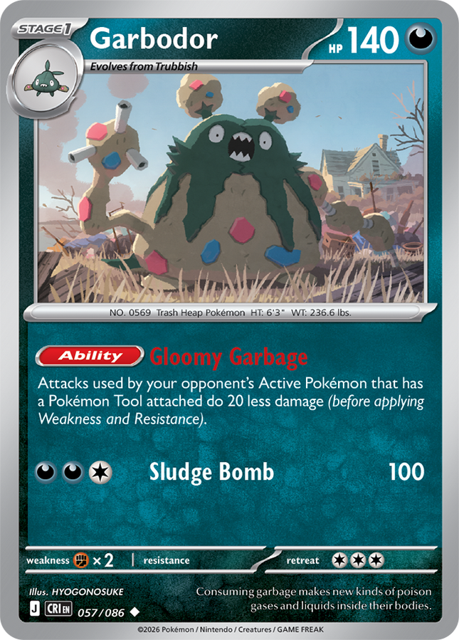 Carta Individual Pokémon Garbodor 056/086, Stage 1 Pokémon 140 HP, set Chaos Rising, Ilustración de HYOGONOSUKE - Thunder Cards México