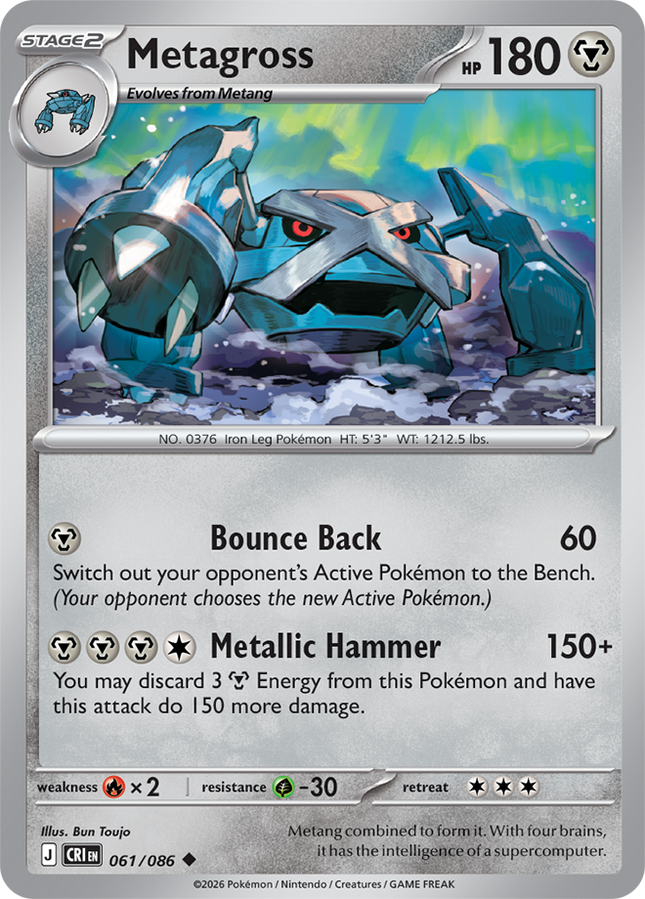 Carta Individual Pokémon Metagross 061/086, Stage 2 Pokémon 180 HP, set Chaos Rising, Ilustración de Bun Toujo - Thunder Cards México