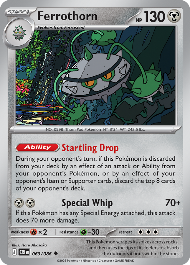 Carta Individual Pokémon Ferrothorn 063/086, Stage 1 Pokémon 130 HP, set Chaos Rising, Ilustración de Haru Akasuka - Thunder Cards México