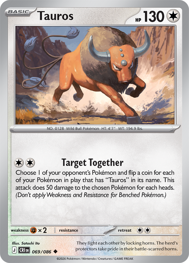 Carta Individual Pokémon Tauros 069/086, BASIC Pokémon 130 HP, set Chaos Rising, Ilustración de Satoshi Ito - Thunder Cards México
