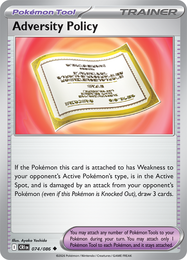 Carta Individual Pokémon Tool Adversity Policy 074/086, set Chaos Rising, Ilustración de Ayaka Yoshida - Thunder Cards México