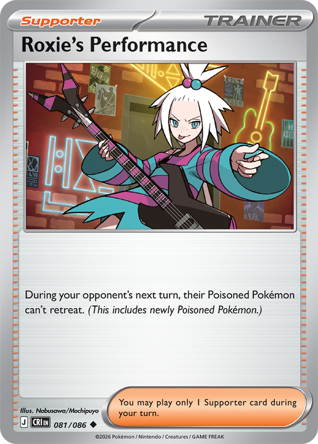 Carta Partidario Pokémon Roxie's Performance 081/086, set Chaos Rising, Ilustración de Nobusawa/ Machipuyo - Thunder Cards México