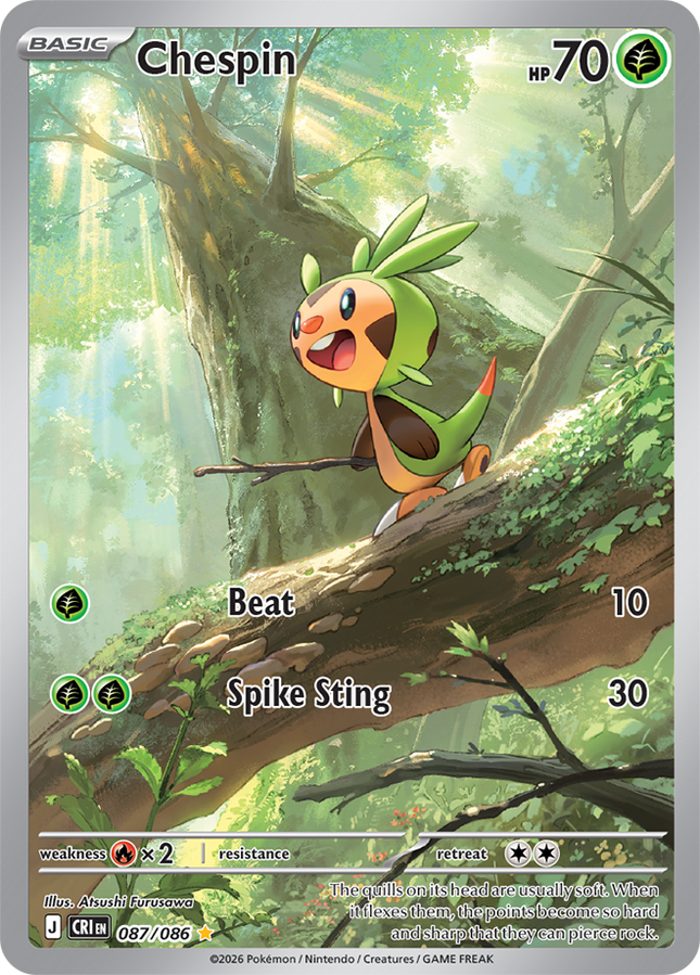 Carta Individual Pokémon Chespin Ilustración Especial 087/086, BASIC Pokémon 70 HP, set Chaos Rising, Ilustración de Atsushi Furusawa - Thunder Cards México