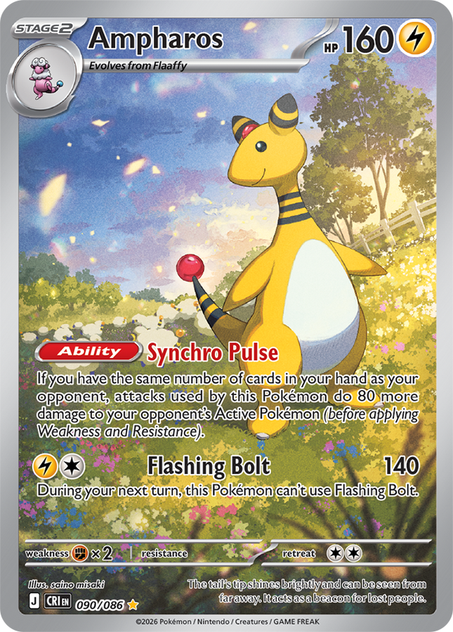 Carta Individual Pokémon Ampharos Ilustración Especial 090/086, Stage 2 Pokémon 160 HP, set Chaos Rising, Ilustración de saino miskai - Thunder Cards México