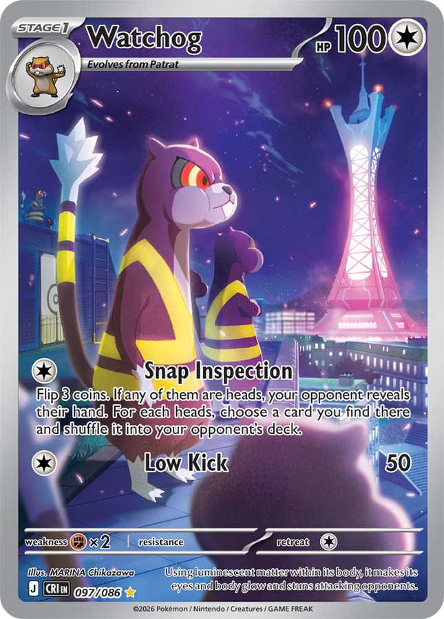 Carta Individual Pokémon Watchog Ilustración Especial 097/086, Stage 1 Pokémon 100 HP, set Chaos Rising, Ilustración de MARINA Chikazawa - Thunder Cards México